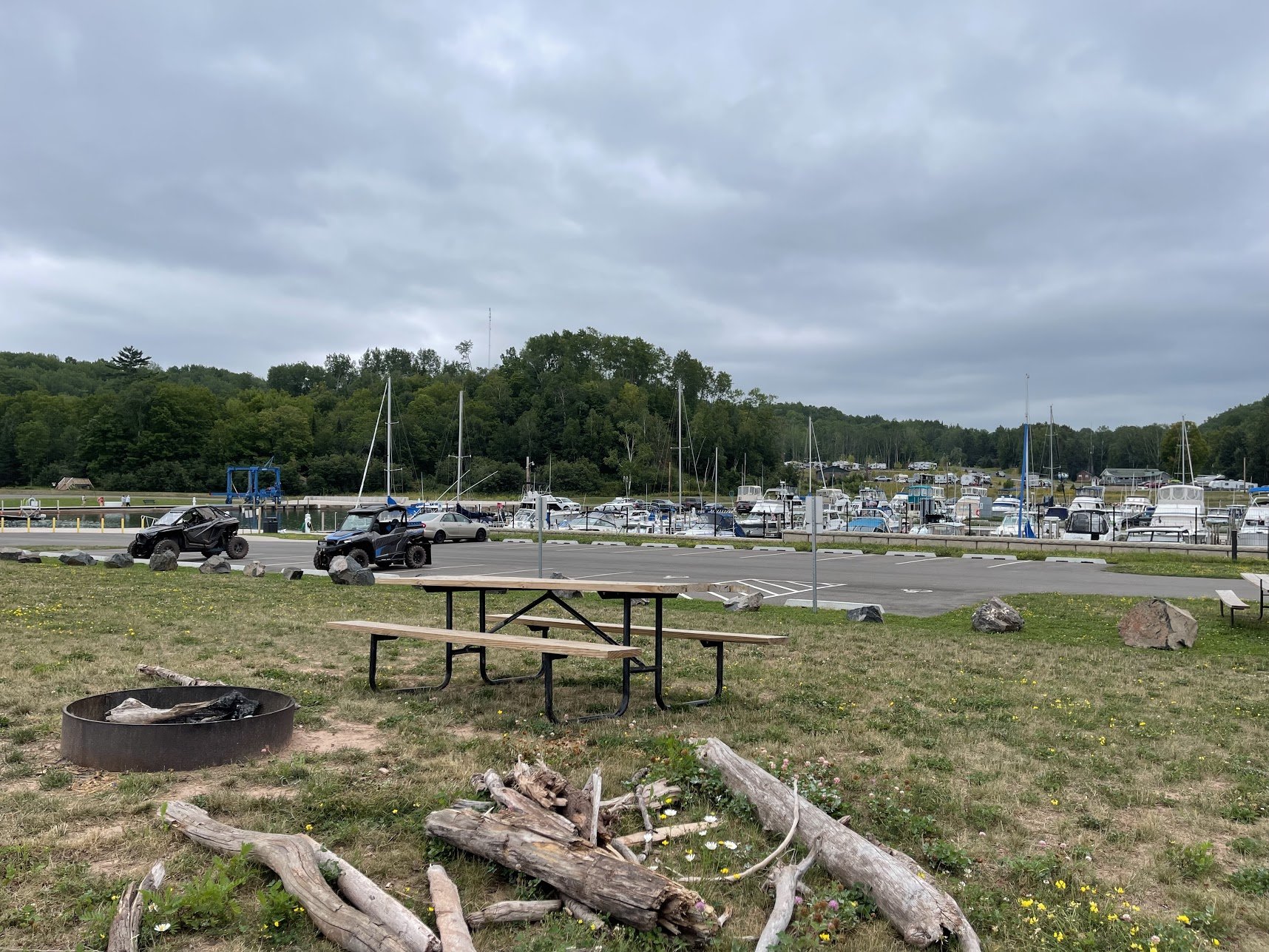  Saxon Harbor park with marina in the background and campground even further in the background on the hill. 